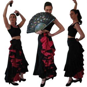 Custom-Made Long Black / Red  Flamenco Skirt Size S